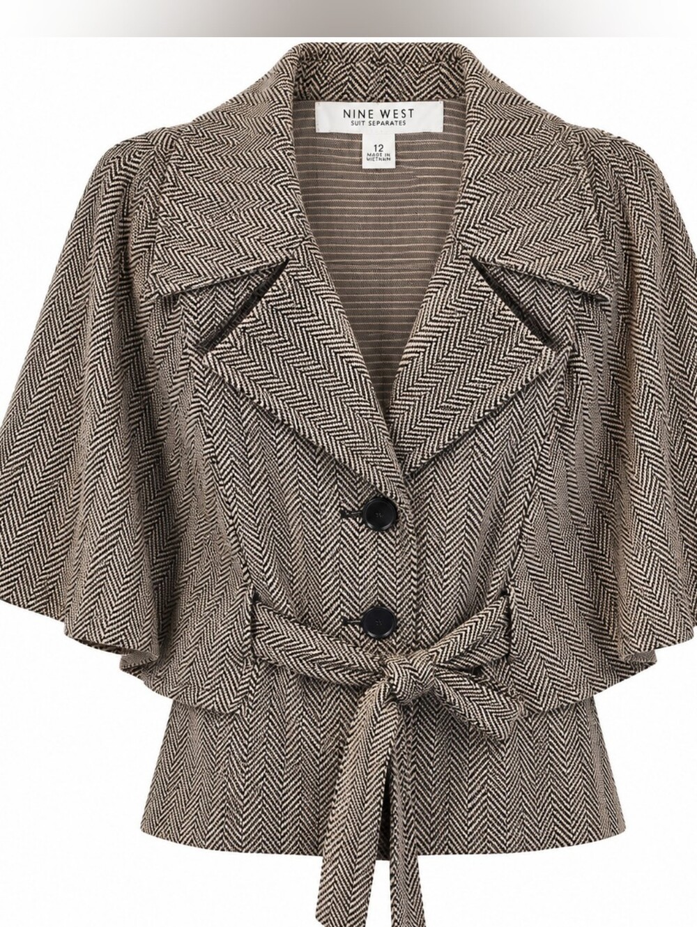Nine West Herringbone Belted Cape Blazer Jacket Sz 12 Quiet Luxury Fall Layering
